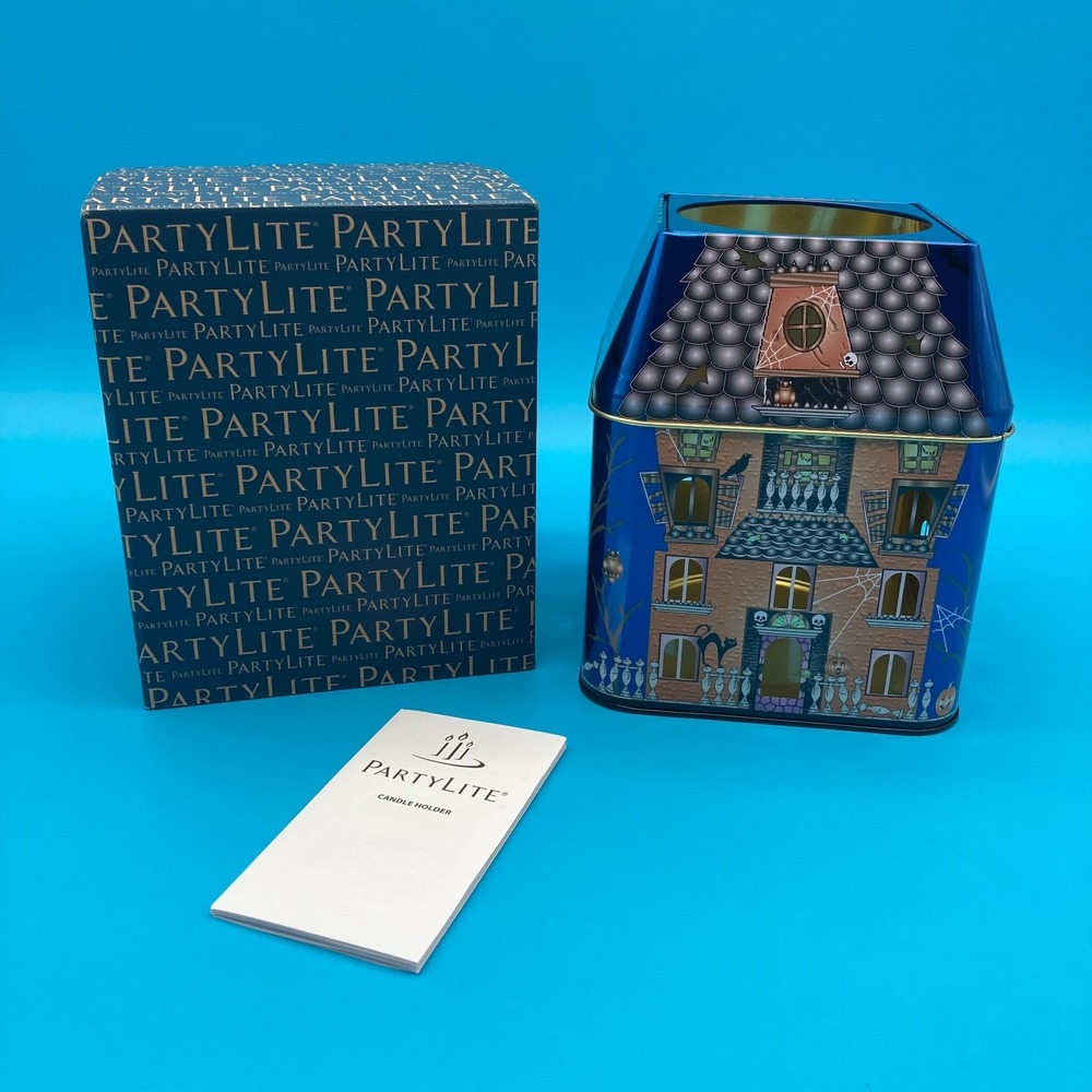 Partylite Halloween Tin Spooky House 3 Wick Jar Candle Holder # P92871 With Box